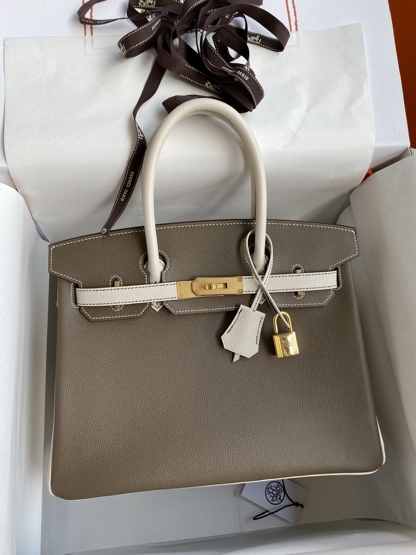 Hermes Birkin 30CM Epsom Leather Handbag Gray White